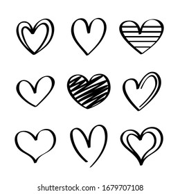 Heart hand drawn icons set isolated on white background. For poster, wallpaper and Valentines day. Collection of hearts, creative art.