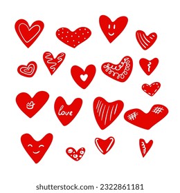 Heart hand drawn icons set isolated on white background. For poster, wallpaper and Valentine s day. Collection of hearts, creative art. Hand drawn heart element vector