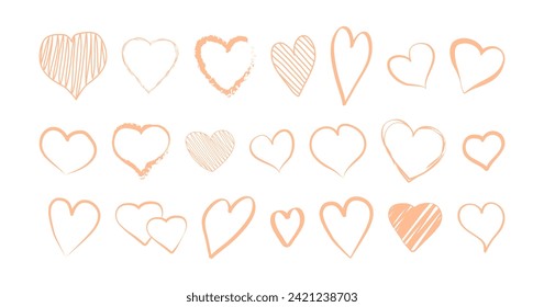Heart hand drawn line icon, doodle outline set peach colour, cute love sketch, symbol Valentines Day 2024. Scribble pencil art isolated on white background. Abstract holiday vector illustration
