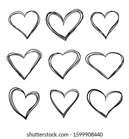Heart hand drawn pen sketch set isolated on white background. Doodle collection of vector illustrations of black love hearts for the valentine day. Simple thin line style art for print, cards, banners