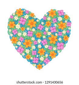 Heart of hand drawn pink,yellow,beige and orange exotic flowers and palm leaves.Vector illustration for posters, stickers, print on t-shirts, mug print, decoration for greeting cards,planners and mor