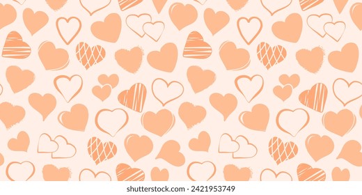 Heart hand drawn seamless pattern, love peachfuzz colour doodle background for Valentines Day. Cute holiday vector illustration