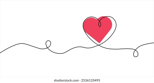 Heart hand drawn. Single contour heart for love design. continuous line drawing of heart and colour shape love sign. Vector illustration. Single line art sketch heart. Symbol love.