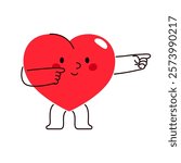 Heart with hand gesture showing direction. Vector love character or loving personality for wedding or marriage greeting card element. Sign for Valentines day. Romance and affection, passion event.