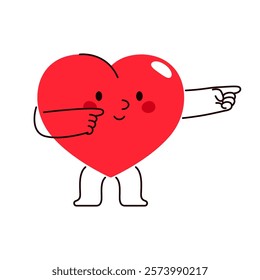 Heart with hand gesture showing direction. Vector love character or loving personality for wedding or marriage greeting card element. Sign for Valentines day. Romance and affection, passion event.