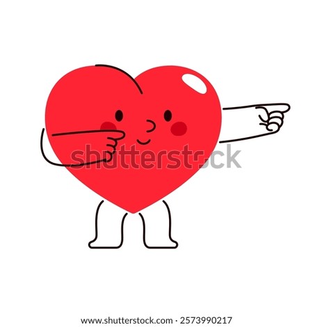 Heart with hand gesture showing direction. Vector love character or loving personality for wedding or marriage greeting card element. Sign for Valentines day. Romance and affection, passion event.