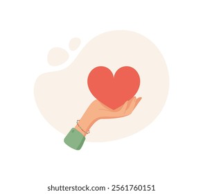 Heart hand gesture. Symbol of giving and receiving. Human character represents charity and hope, flat graphic style, suitable for donation or love projects.