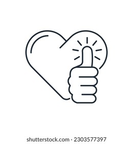 Heart and hand gesture with thumb up. Contented, satisfied heart. Pretty life. Positive emotions.Vector linear icon isolated on white background.