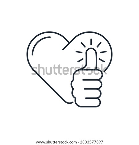 Heart and hand gesture with thumb up. Contented, satisfied heart. Pretty life. Positive emotions.Vector linear icon isolated on white background.