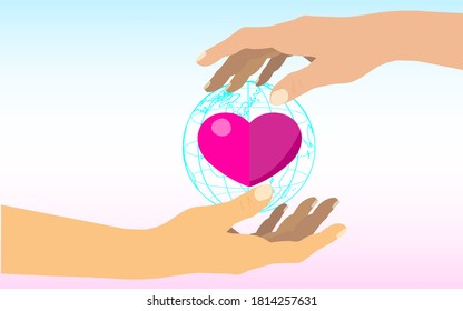 Heart in hand given to each other, Concept about love, care, donation, human kindness.. Vector Illustration with Color Gradient
