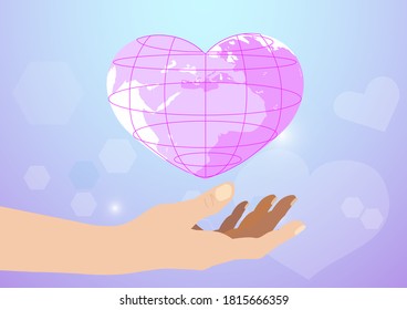 Heart in hand given to each other, Concept about love, care, donation, human kindness.. Vector Illustration