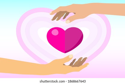 Heart in hand given to each other, Concept about love, care, donation, human kindness.. Vector Illustration with Color Gradient