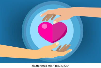 Heart in hand given to each other, Concept about love, care, donation, human kindness.. Vector Illustration with Color Gradient