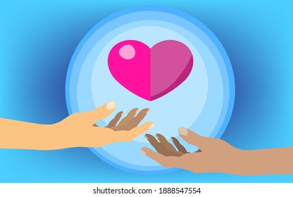 Heart in hand given to each other, Concept about love, care, donation, human kindness.. Vector Illustration with Color Gradient