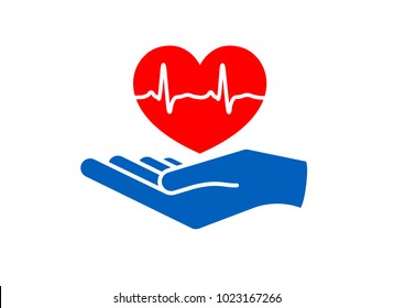 Heart in hand. Giving heart logo template for transplant ,organ, donation, charity, health, voluntary, nonprofit organization, isolated on white background, vector