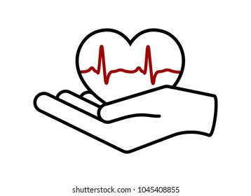 Heart in hand. Giving heart logo template for transplant ,organ, donation, charity, health, voluntary, nonprofit organization, isolated on white background, vector