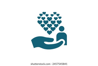 Corazón en mano. Plantilla del logotipo del corazón que da para el trasplante, órgano, donación, caridad, salud, organización voluntaria, sin fines de lucro, aislado en fondo blanco,