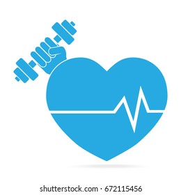 Heart and Hand holding with dumbbell blue icon. Strong Heart concept. Medical sign