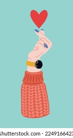Heart in hand. Hand holding heart. Flat vector illustration. Valentine's day. Cute illustration for a print.