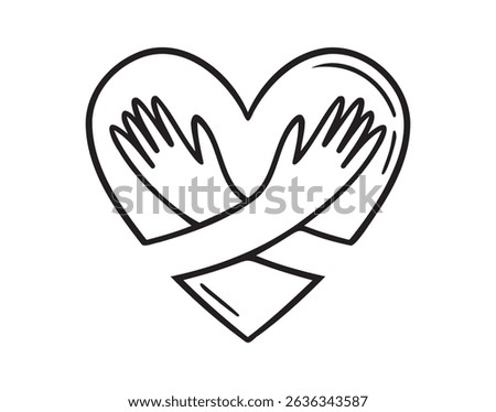 heart with hand hug gesture icon doodle hand drawn. Outline heart hug line drawing clipart symbol. Vector illustration