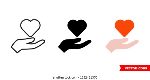 Heart hand icon of 3 types: color, black and white, outline. Isolated vector sign symbol.