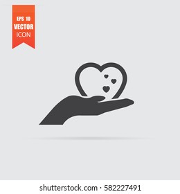 Heart in hand icon in flat style isolated on grey background. For your design, logo. Vector illustration.