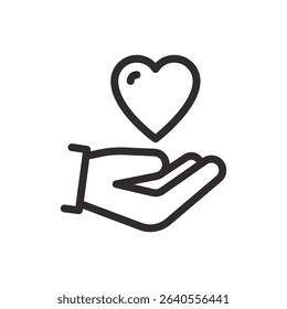 heart in hand icon, handmade, showing care and support, love message, thin line vector illustration eps10
