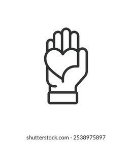 Heart in hand icon in line design. Heart, hand, love, care, support, compassion, kindness on white background vector. Heart in hand editable stroke icon