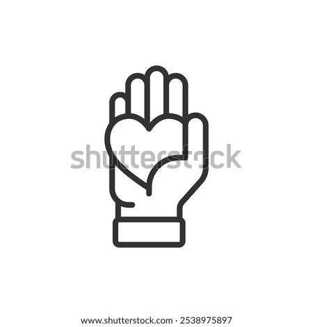 Heart in hand icon in line design. Heart, hand, love, care, support, compassion, kindness on white background vector. Heart in hand editable stroke icon
