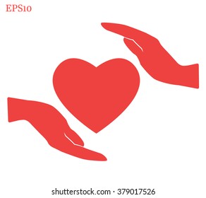 Heart in hand icon red color on white background. Vector illustration