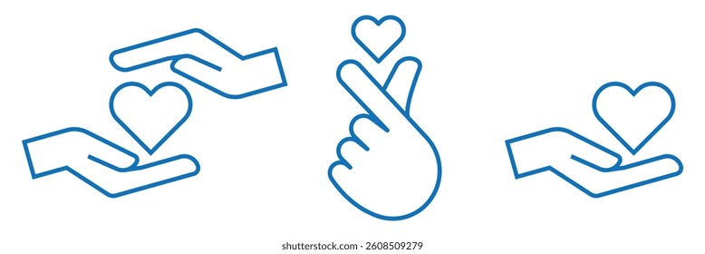 Heart in hand icon set. Donation and giving aid concept , Hands holding heart icon. Love icon. Health, medicine symbol. heart shapes with hand gesture.