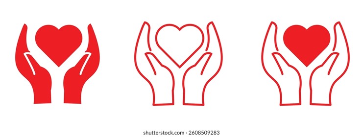 Heart in hand icon set. Donation and giving aid concept , Hands holding heart icon. Love icon. Health, medicine symbol. heart shapes with hand gesture.