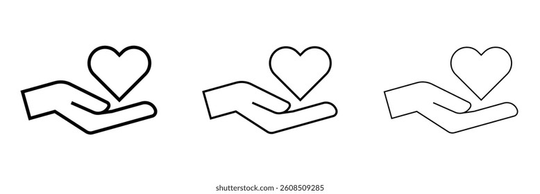 Heart in hand icon set. Donation and giving aid concept , Hands holding heart icon. Love icon. Health, medicine symbol. heart shapes with hand gesture.
