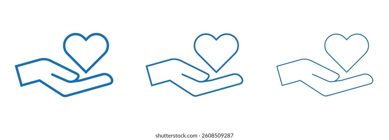 Heart in hand icon set. Donation and giving aid concept , Hands holding heart icon. Love icon. Health, medicine symbol. heart shapes with hand gesture.