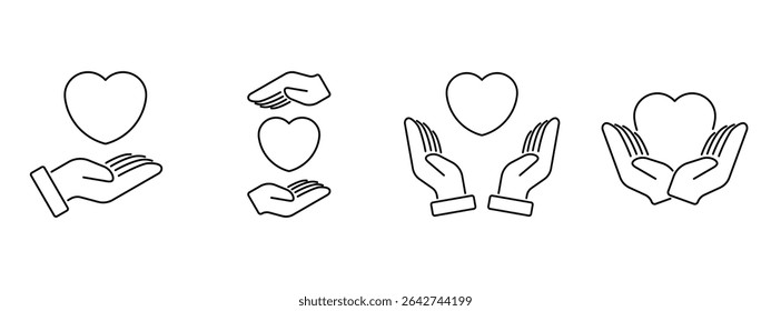 Heart in hand icon set. Donation and giving aid concept. Hands holding heart icon. Love symbol. Health, medicine symbol. Healthcare hands holding heart flat and line style. Vector illustration
