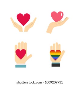 Heart in hand icon set. Flat set of heart in hand vector icons for web design isolated on white background