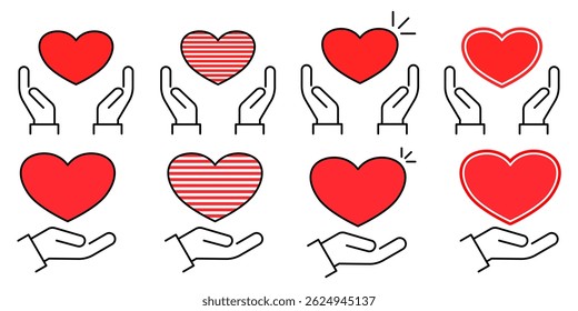 Heart in Hand Icon set Showing care and support. Symbol of perfect for healthcare providers, charities, and community organizations.