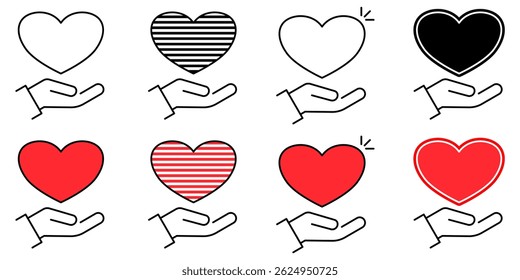 Heart in Hand Icon set Showing care and support. Symbol of perfect for healthcare providers, charities, and community organizations. Heart in Hand Vector Icon in line style design. Vector illustration