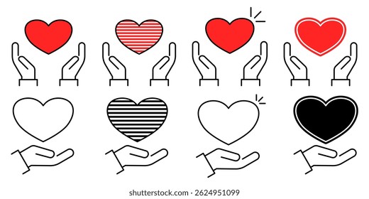 Heart in Hand Icon set Showing care and support. Symbol of perfect for healthcare providers, charities, and community organizations. Heart in Hand Vector Icon in line style design.