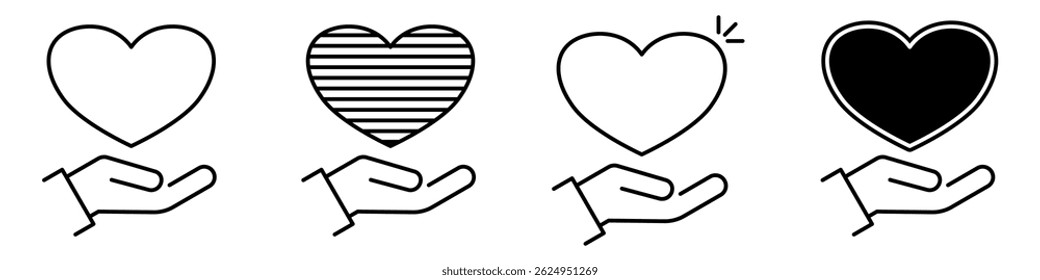 Heart in Hand Icon set. Symbol of perfect for healthcare providers, charities, and community organizations. Heart in Hand Vector Icon in line style design. Vector illustration