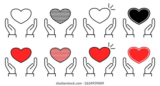 Herz in der Hand Icon Set. Herz in der Hand Vektor Symbol im Linienstil Design. Herz in Hand Symbol. Vektorgrafik.