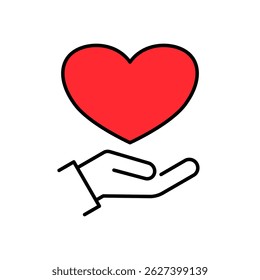 Heart in Hand Icon Showing care and support. Symbol of perfect for healthcare providers, charities, and community organizations. Heart in Hand Vector Icon in line style design. Vector illustration