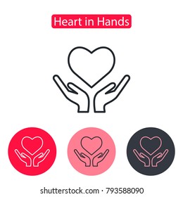 Heart in hand icon vector. Charity Volunteer Collaboration Heart Love Hands. Love symbol, logo sign. Valentine's Day vector illustration. Editable stroke.