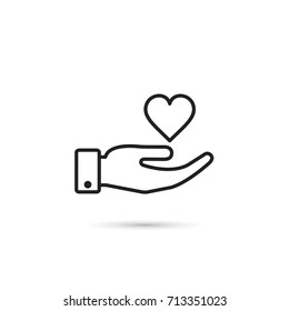 Heart in hand icon, vector isolated outline symbol.