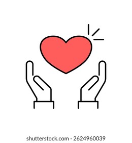 Icono de corazón en mano. Icono de Vector de corazón en mano en diseño de estilo de línea. Símbolo del corazón en la mano.