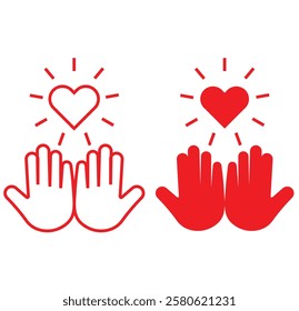 Heart in hand icons . Hands holding. Love icons. Hand symbol. Hand holding love icons.