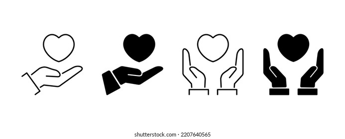 Heart in hand icons set. Hands holding heart icon. Love icon. Health, medicine symbol. Healthcare hands holding heart flat and line style - stock vector - Shutterstock ID 2207640565