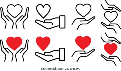 Heart in hand icons set. Hands holding heart icon. Love icon. Health, medicine symbol. Healthcare hands holding heart flat and line style - stock vector. 