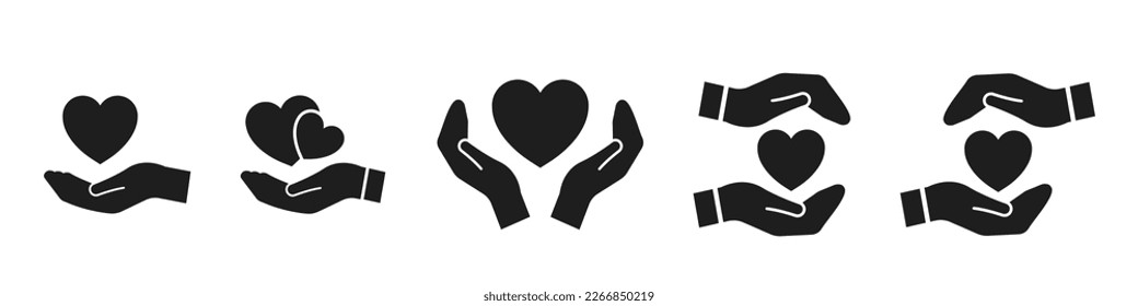 Heart in hand icons set. Hands holding. Love icon. Health, medicine symbol. 