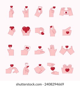 Heart in hand icons set. Hands holding heart icon. Love icon. Health, medicine symbol. Healthcare hands holding heart flat. vector illustration.